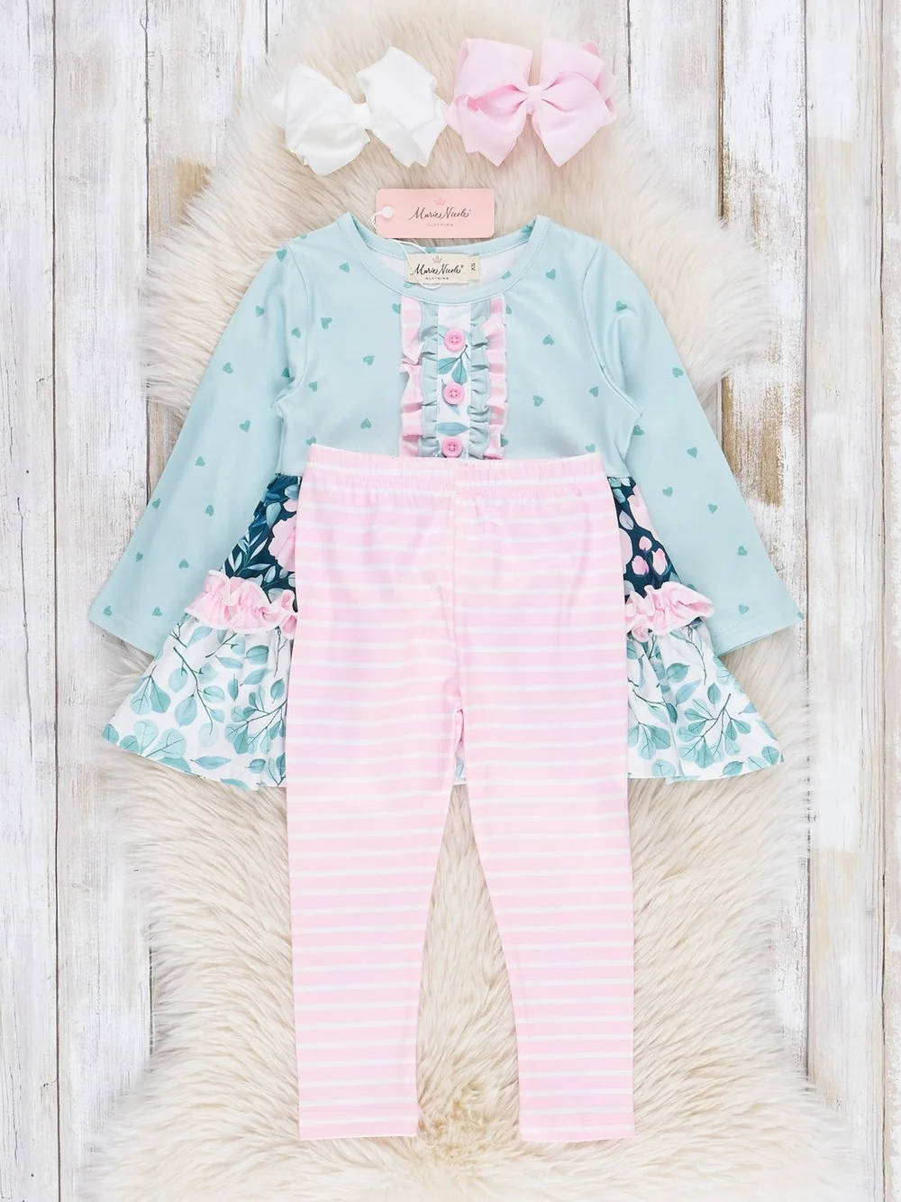 Marie Nicole Mint and Pink Floral Ruffle Girls Matching Set Size XS 18-24 Months